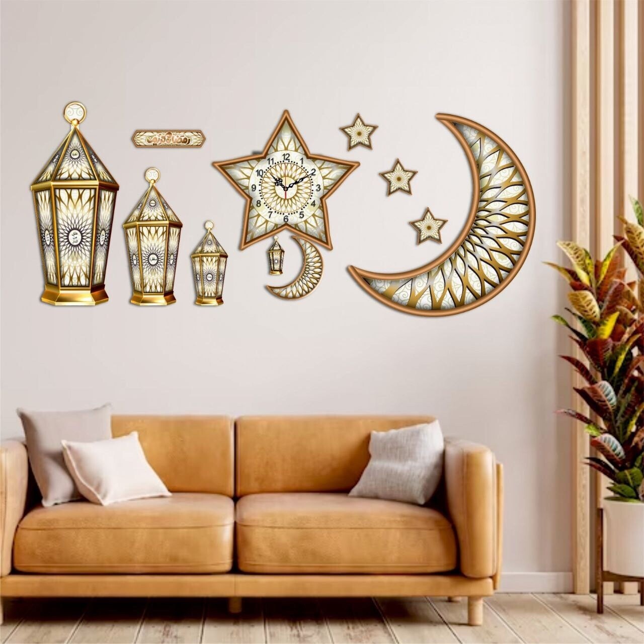 Set of 11 pieces,  2 Crescents, 4 Lanterns, 4 Stars, Wall Clock Wooden Wall Ramadan / Eid Decorations, Islamic Celebration