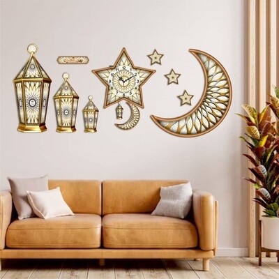 Set of 11 pieces, 2 Crescents, 4 Lanterns, 4 Stars, Wall Clock Wooden Wall Ramadan / Eid Decorations, Islamic Celebration