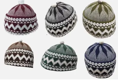 Zigzag Haji Wool Men Cap Islamic Prayer Hat Topi Kufi with White Ball