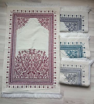 Turkish Prayer Mat with Floral Design, White with Fringe Border, Multiple Colour