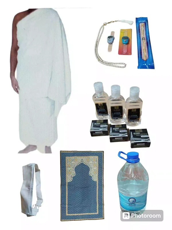 Hajj Umrah Ihram set Inc Towels  Belt Soap Miswak Tasbih prayer mat Zamzam water