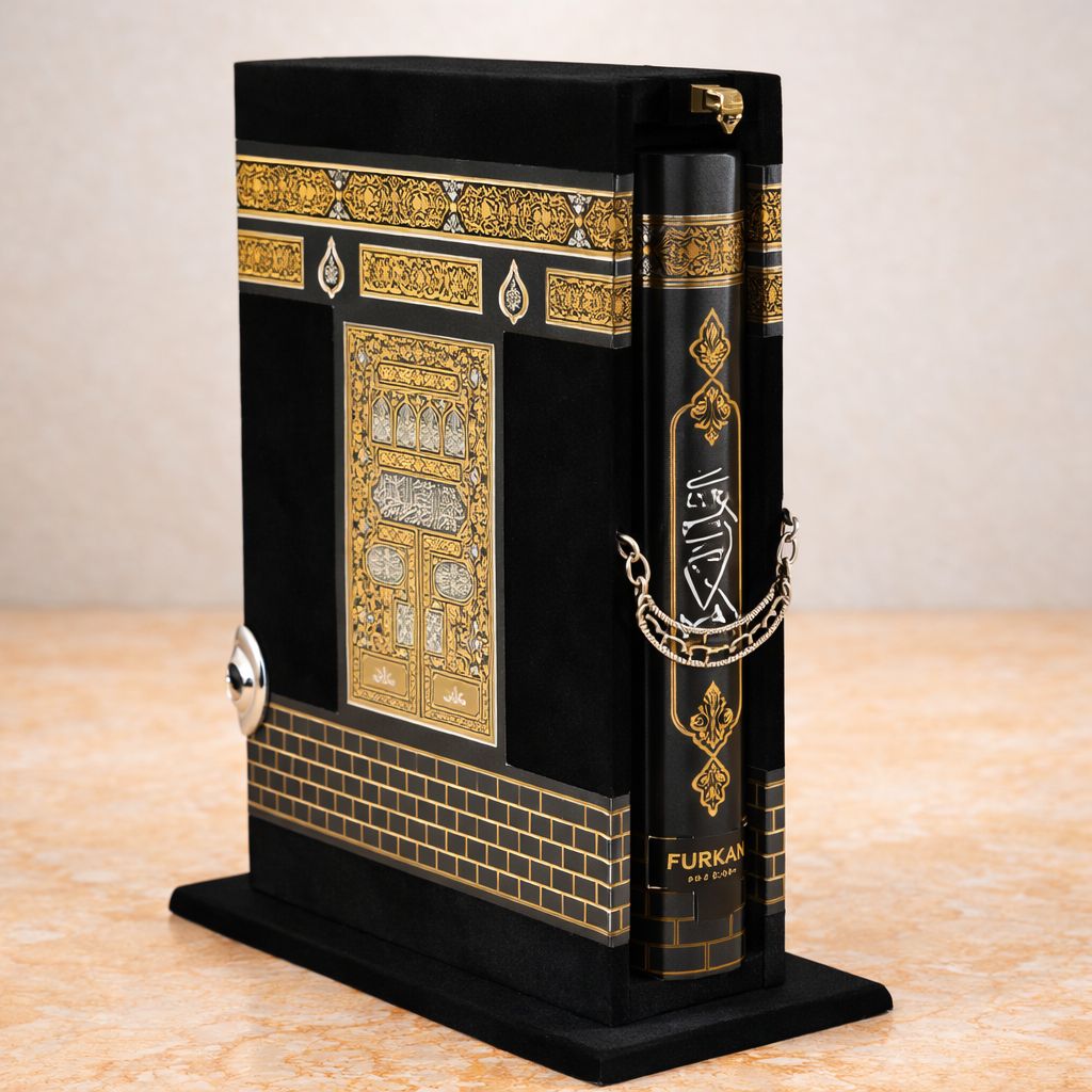 Quality Large Quran in Kabaa shape box with Black stone in a Gift box w handle