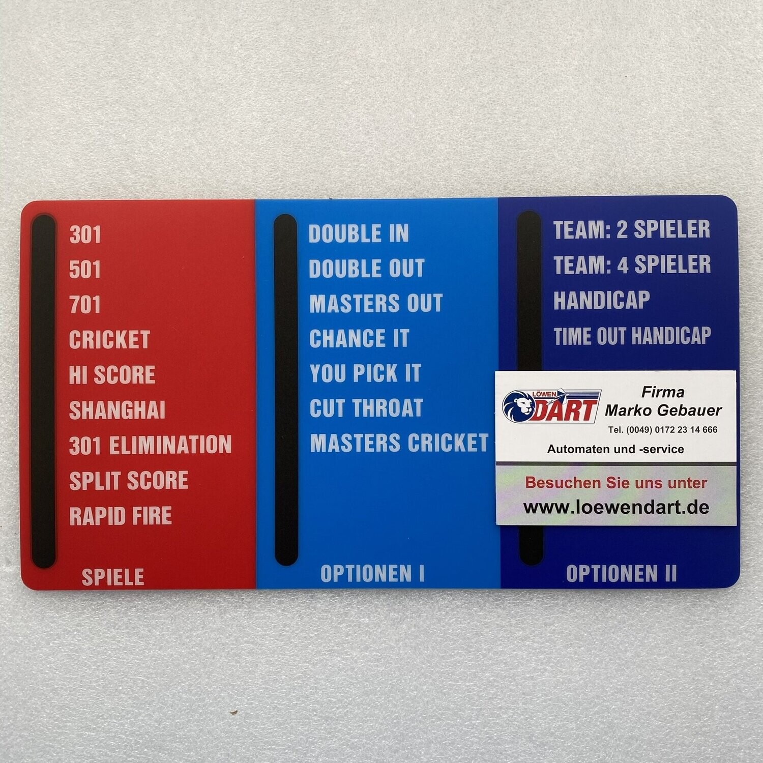 Löwen Dart Spieleauswahlpanel Game Option Panel für HB8 / HB8 Cougar neu