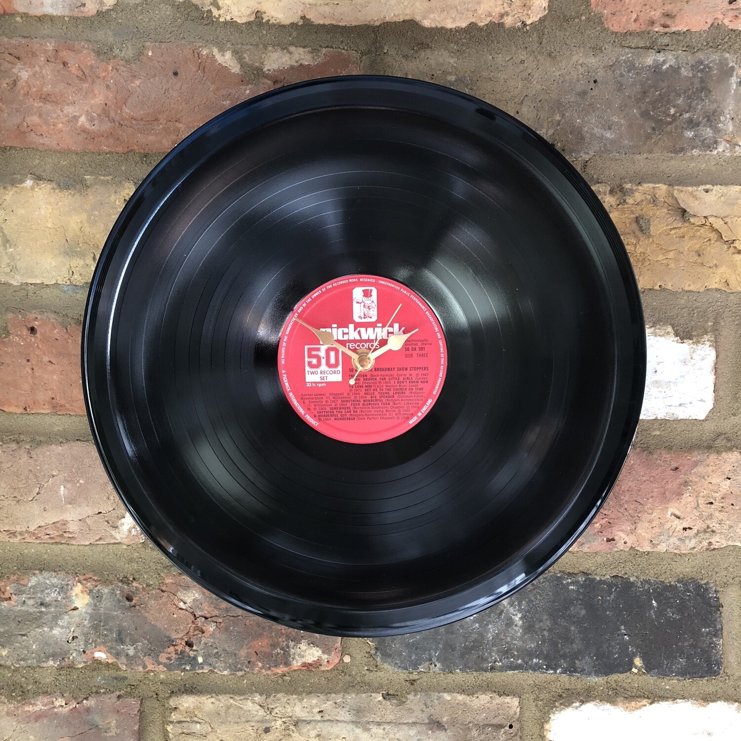 Stretched 12&quot; Vinyl LP Clock - &#39;50 All Time Broadway Show Stoppers&#39; - Featuring Big Spender and Food Glorious Food. Pickwick Records.