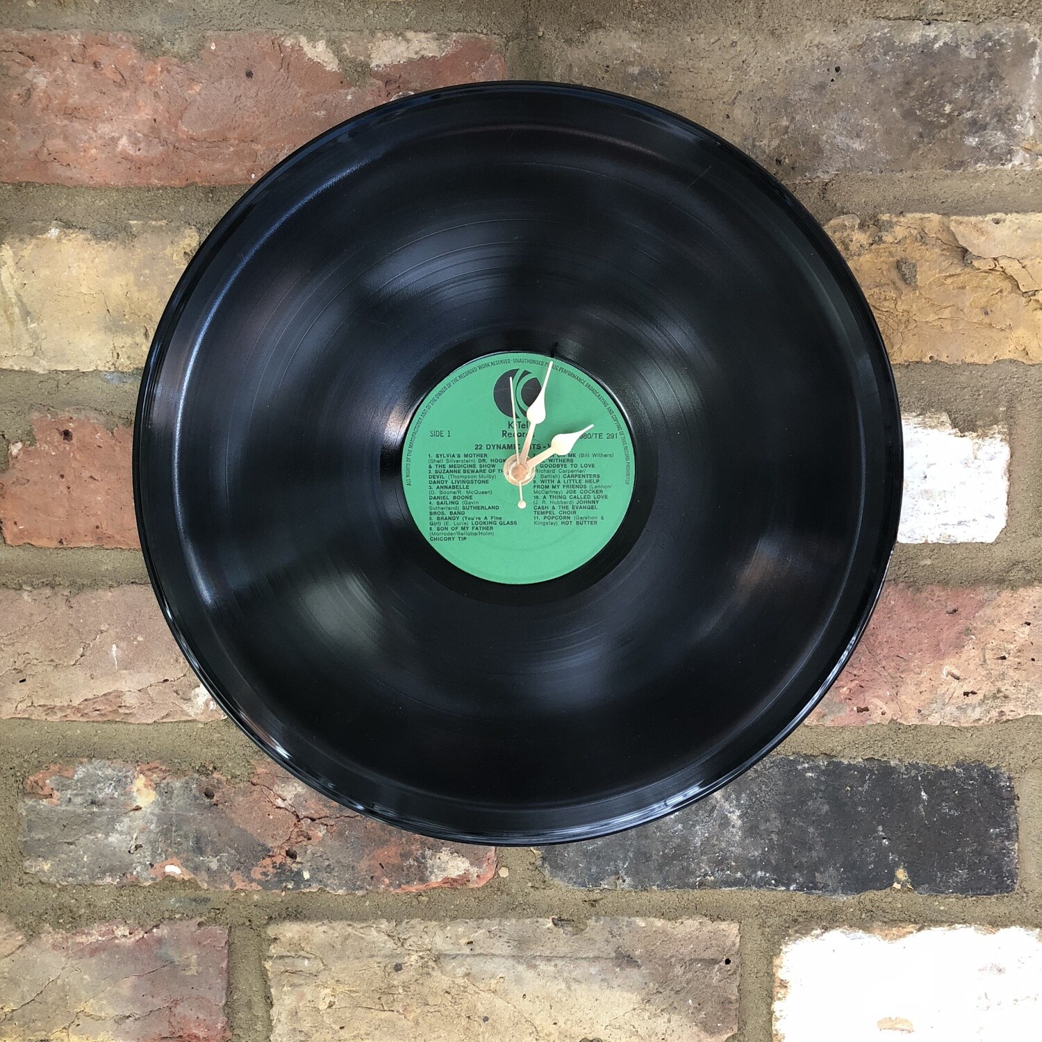 12&quot; Vinyl LP Clock- Stretched - &#39;22 Dynamic Hits&#39; - Featuring Chicory Tip, Joe Cocker and Johnny Cash. K-tel Records.