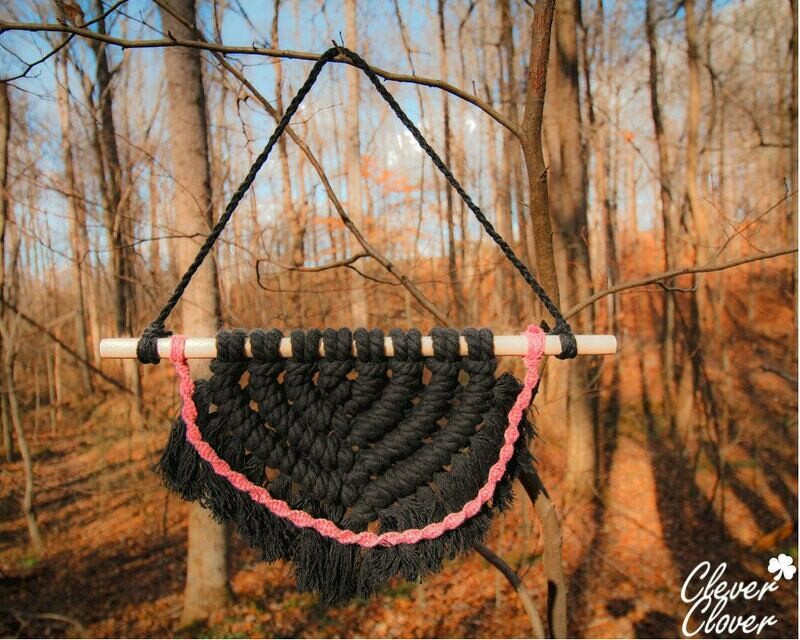 Macrame Wall Hanging, Black Wall Decor, Pink Macrame, Cute Room Decor, Braided Wall Art