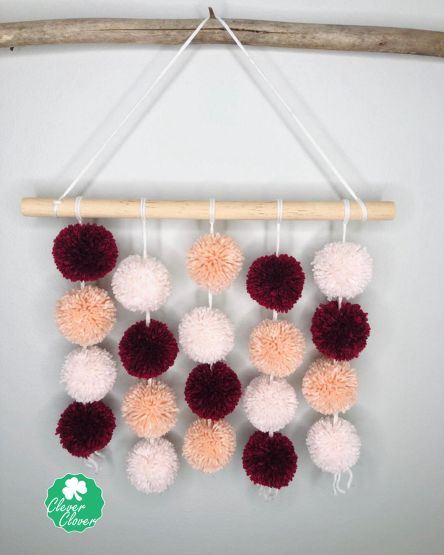 Pom Pom Wall Hanging, Red, Pink, and White Pom Poms Hanging Wall Art, Soft Pom Pom Wall Decor