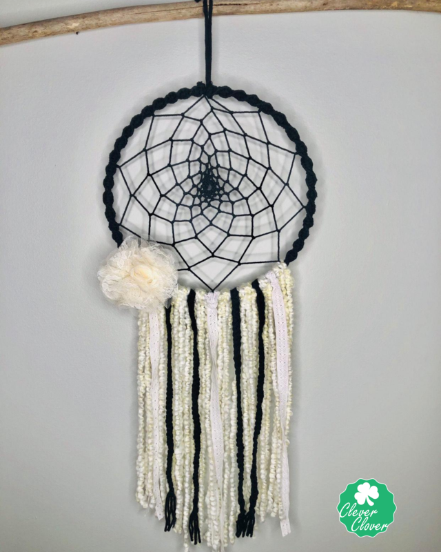 Dreamcatcher, Black and White Braided and Fringe with White Flower Dream Catcher