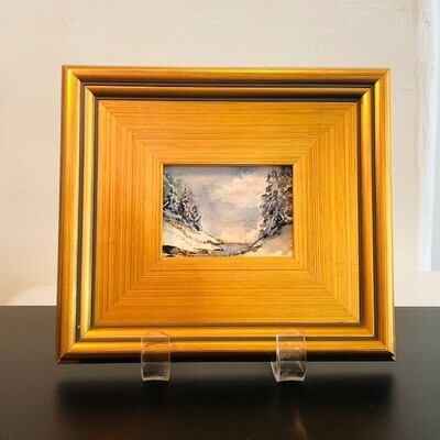 Evans - Snowy Cove (Watercolor + Ink) 2.5"x3.5" in 8"x9" gold frame
