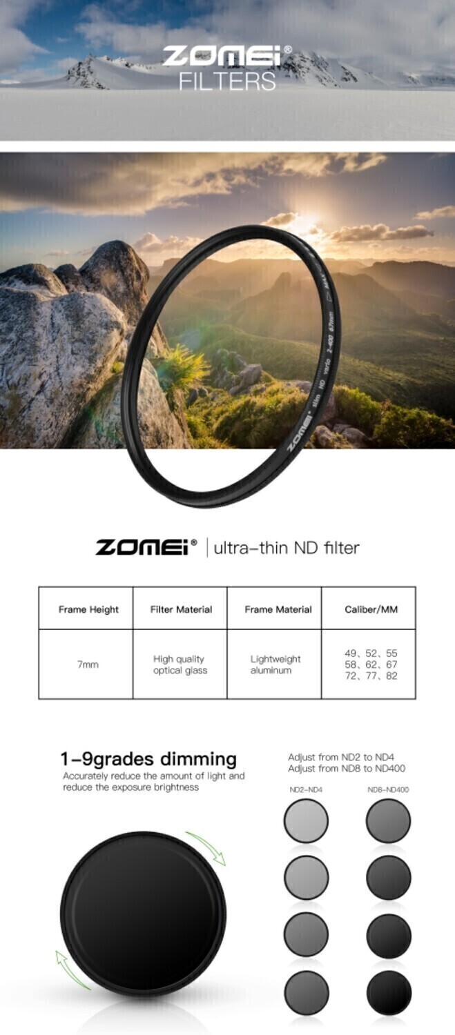 Zomei 40.5mm ND2-ND400 ND-Fader Variable ND