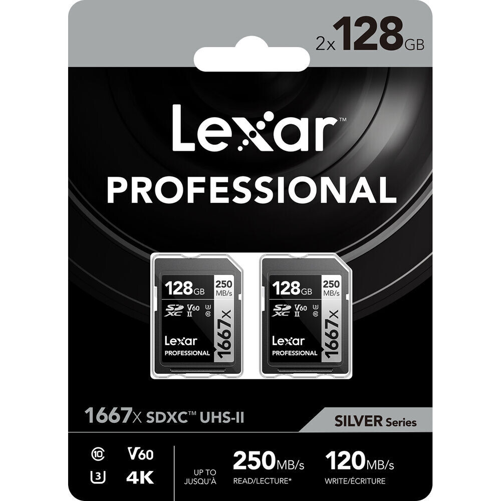 Lexar 128GB Professional 1667x UHS-II SDXC V60 Memory Cards (2-Pack)