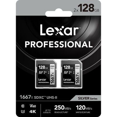 Lexar 128GB Professional 1667x UHS-II SDXC V60 Memory Cards (2-Pack)