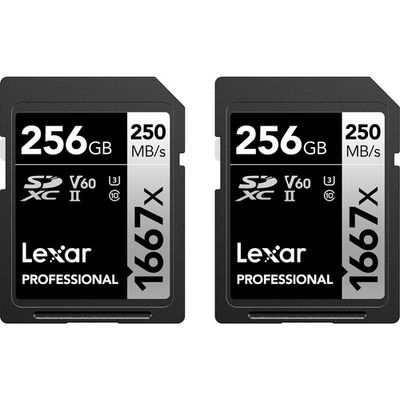 Lexar 256GB Professional 1667x UHS-II SDXC V60 Memory Cards (2-Pack)