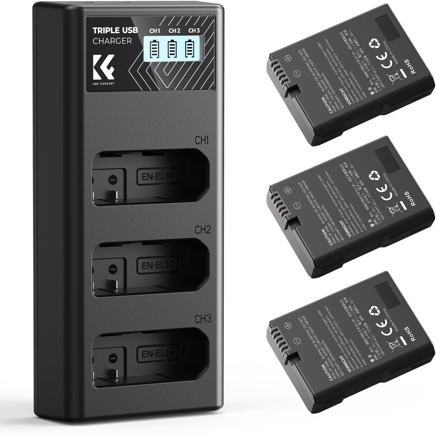 K&amp;F CONCEPT 3x EN-EL14 Rechargeable Batteries and Charger for Nikon