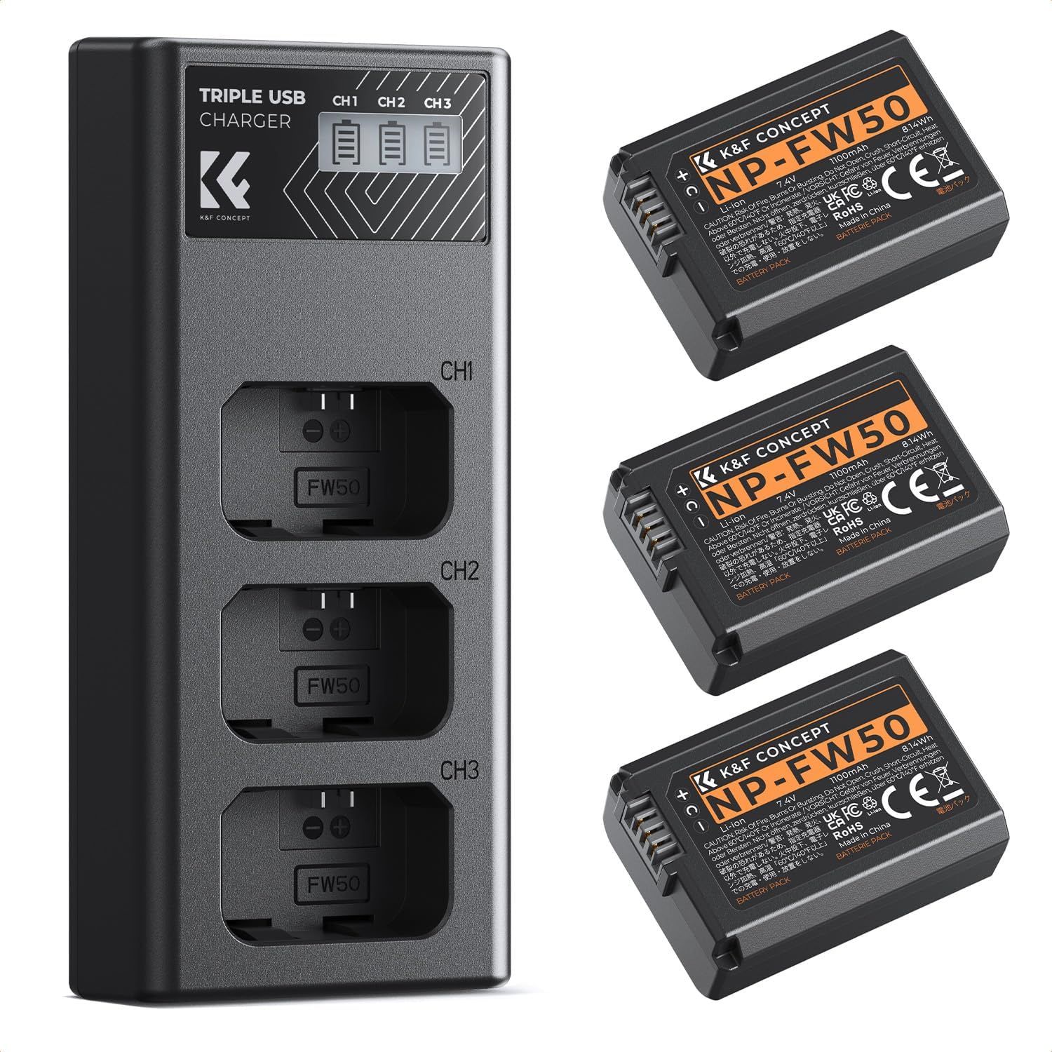 K&amp;F CONCEPT 3x NP-FW50 Rechargeable Batteries and Charger for Sony