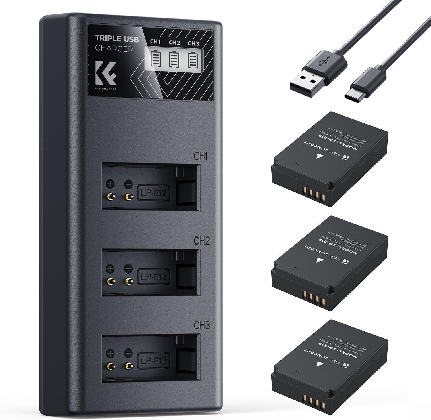 K&amp;F CONCEPT 3x LP-E12 Rechargeable Batteries and Charger for Canon