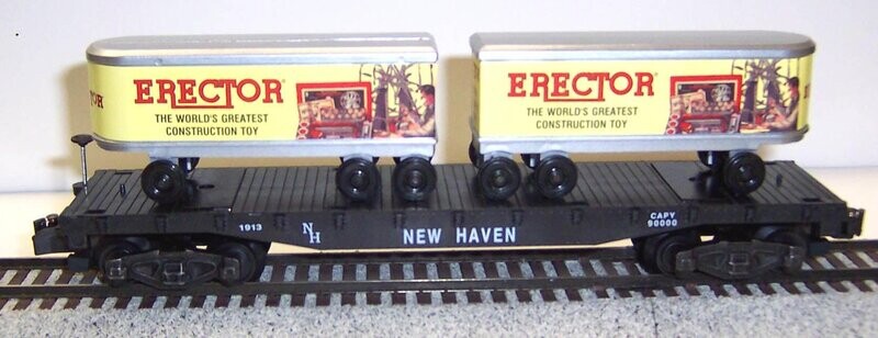 NEW HAVEN FLAT CAR , #1913; black; with 2 repro silver ERECTOR trailers; KC (not Gilbert; PLHS custom exclusive).