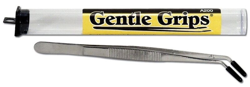 "GENTLE GRIPS" TWEEZERS; angled, cushioned tips and long tines