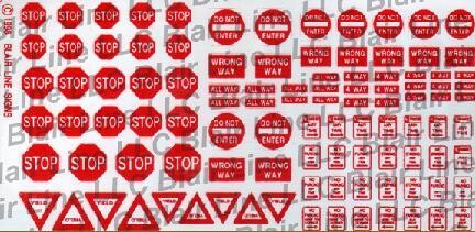 TRAFFIC SIGNS, ASSTD; red & white; printed on plastic, w/ wood posts; HO / S scale; BLAIR LINES #103