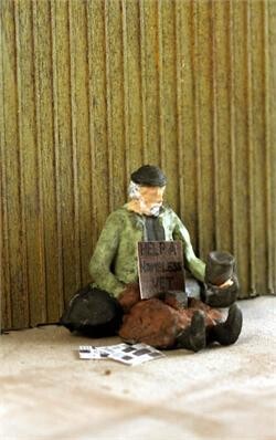 HOMELESS MAN, seated with coin can, painted; MTS-FS442P