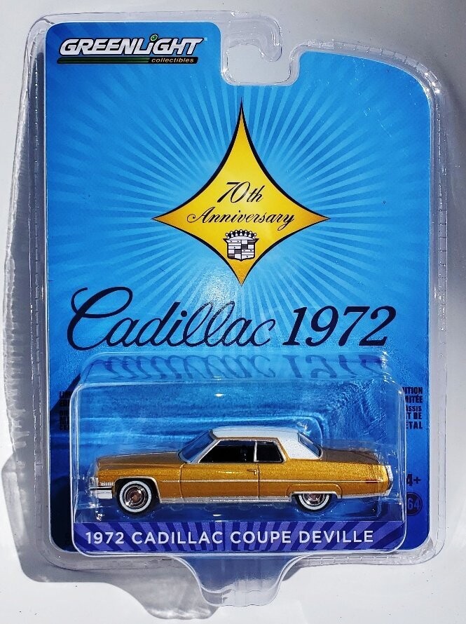 CADILLAC 1972 COUPE DEVILLE;  Gold with white roof.; new in original pkging; (Greenlight); have 8.
