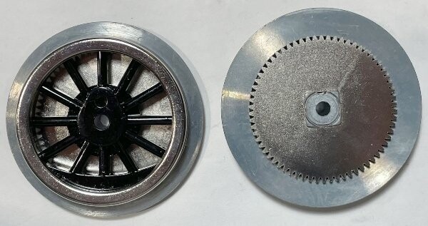 WHEEL: DRIVER, black 12-spoke (for contemporary 4696 only) Wide-gauge Steam, geared;  no eccentric post; steel tread; with 1-7/8" steel gear.