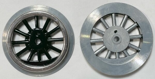 WHEEL: DRIVER, black 12-spoke for Wide-gauge Steam, non-geared;  no eccentric post; steel tread;  Flange diameter: 2.5" ;  Tread diameter:  2-1/8"