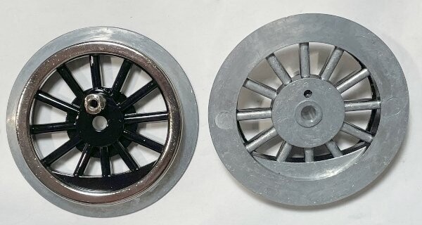 WHEEL: DRIVER, black 12-spoke for 4696 Wide-gauge Steam, non-geared; with eccentric post; steel tread; Flange diameter: 2.5" ; Tread diameter: 2-1/8"