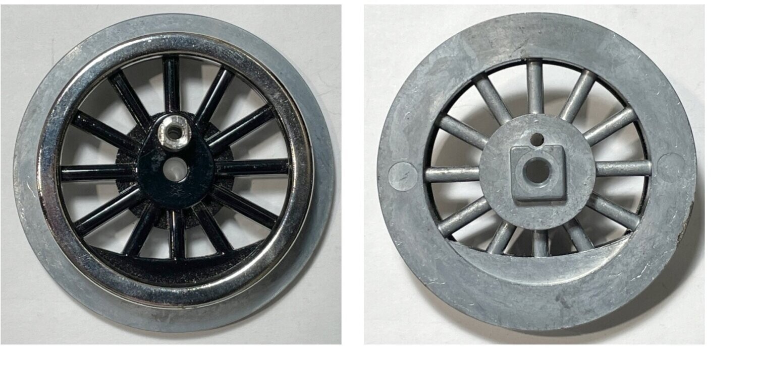 WHEEL: DRIVER, black 12-spoke for 4696 Wide-gauge Steam;  with  square gear boss & eccentric post; steel tread; no gear.