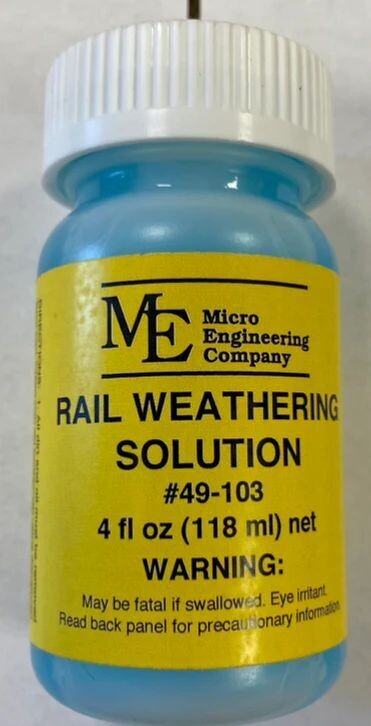 RAIL WEATHERING SOLUTION; partial 3oz jar;  Micro-Engineering Co. ​; for Ni-Ag or brass rail and rail-joiners. (see NOTE)