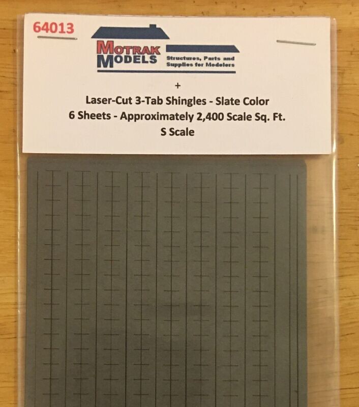 "SHINGLES: 3-TAB, SLATE COLOR";  #64013; 6 sheets; 2400 scale sq ft; Motrak Models; laser-cut kit.