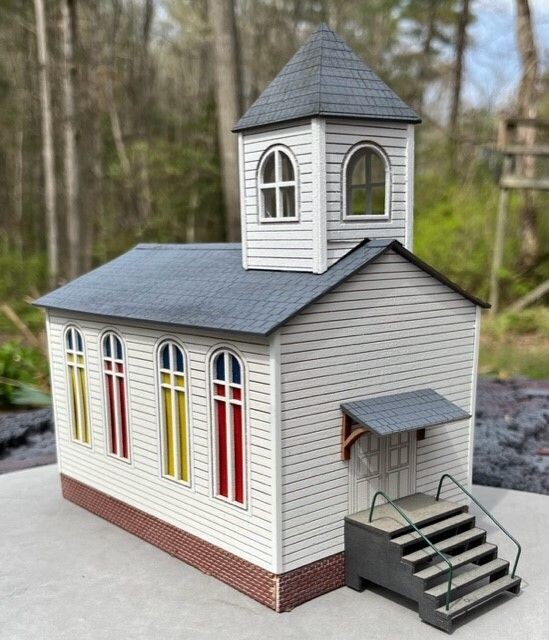 COUNTRY CHURCH; Laser-cut basswood; with castings.  Footprint: 6.5"L x 4.25"W