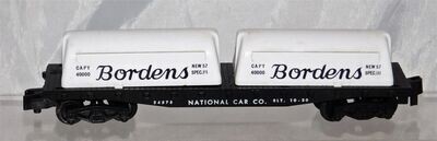 24575 FLAT CAR: NAT'L CAR CO with two repro BORDENS Containers glued to car; otherwise EX (no damage); PM