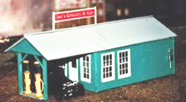GAS-GROCERY STORE, 1930s-40s; laser-cut wood kit, with cast detail parts.