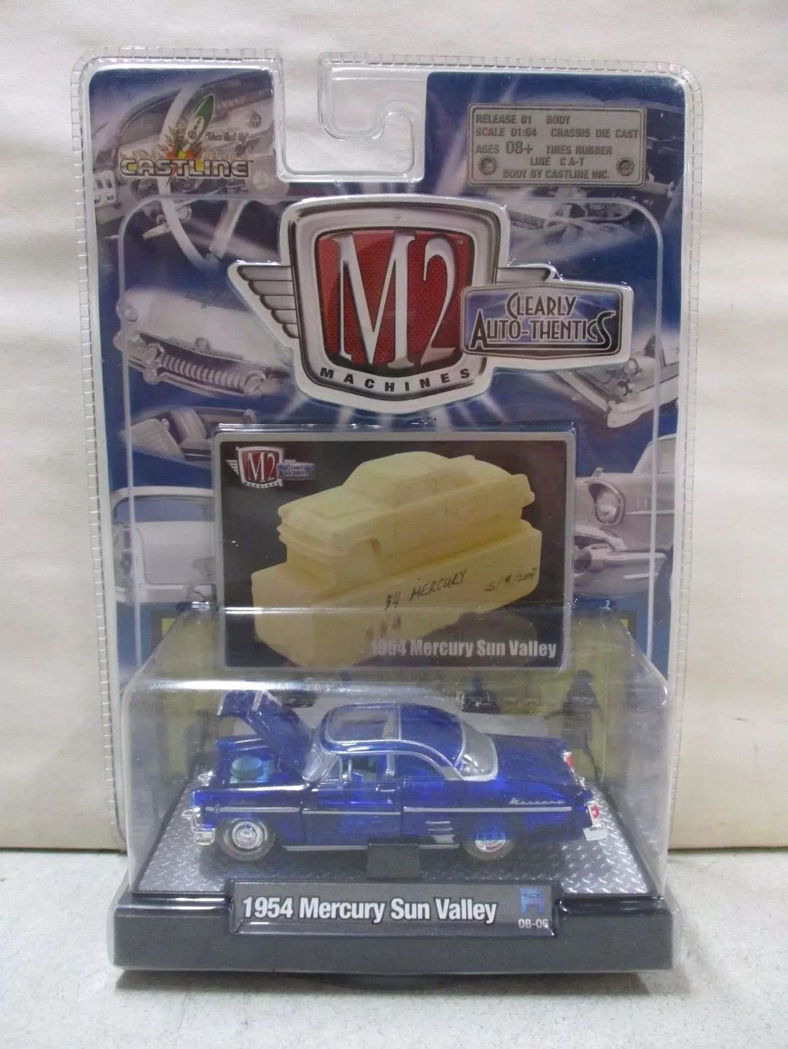 MERCURY.1950 SUN VALLEY; Unpainted transparent blue body w/ silver trim; uncommon. New in original M2 packaging; have only 1.