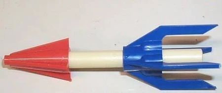 ROCKET: red tip, white stem, & blue fins