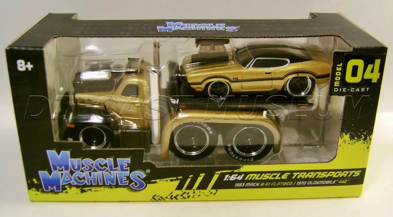 OLDSMOBILE 442 on MACK FLATBED TRANSPORT; 1970 ; MAISTO; (new in pkg);  (have 2)