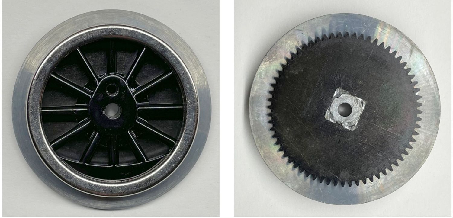 WHEEL: DRIVER, black 12-spoke (for traditional 4696 only) Wide-gauge Steam, geared;  no eccentric post; steel tread; with 2" steel gear.