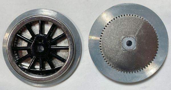WHEEL: DRIVER, black 12-spoke for 4696 Wide-gauge Contemporary Steam;  with  square gear boss & eccentric post; steel tread; with gear.
