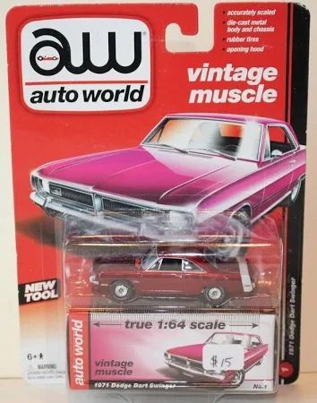 DODGE DART SWINGER; 1971; red ;AUTO WORLD; (new in pkg); (have 1).