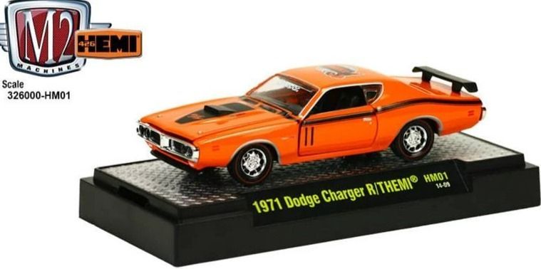 DODGE CHARGER R/T HEMI; 1971; orange/black; M2; (new in pkg); (have 1).