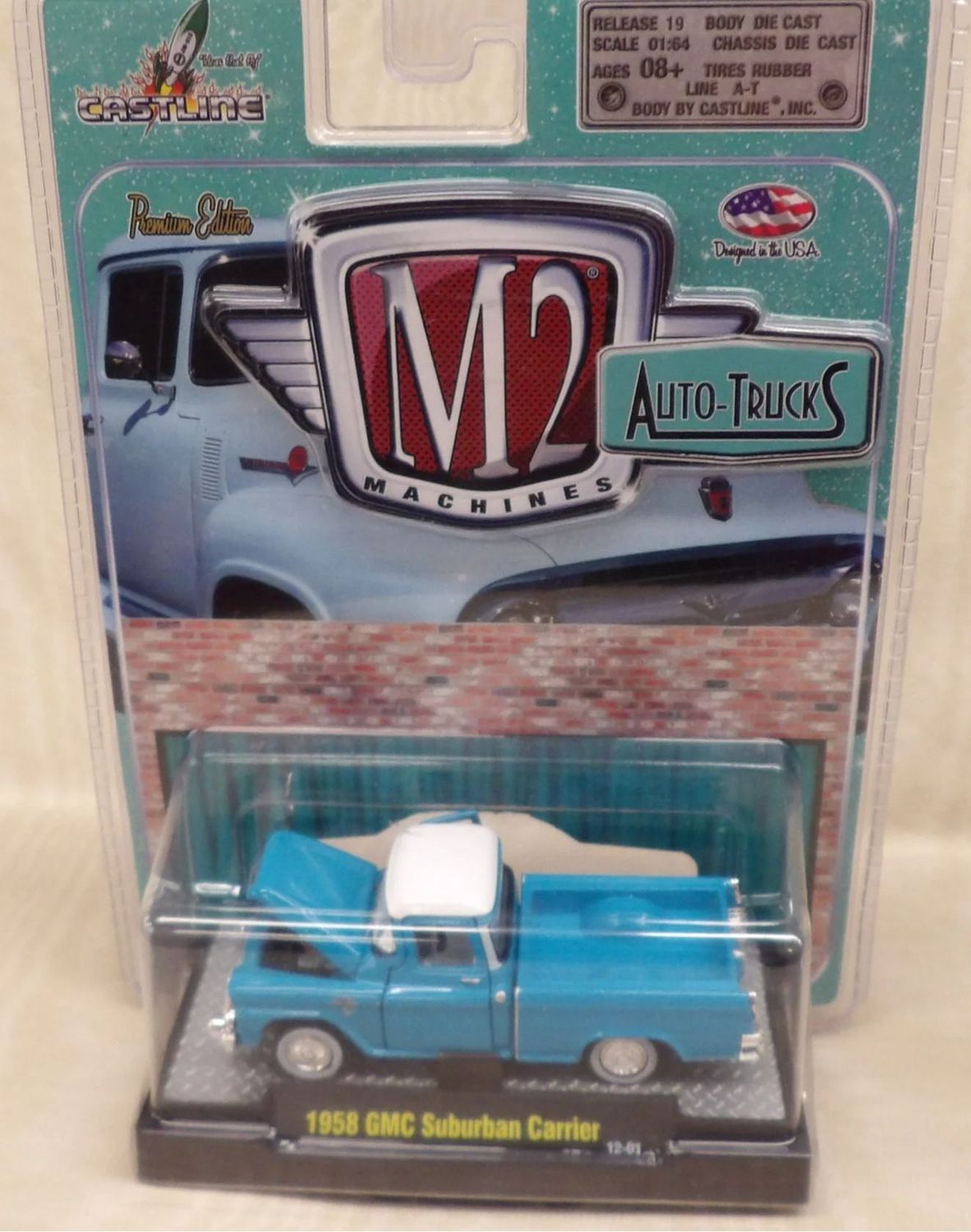 GMC SUBURBAN CARRIER PICKUP TRUCK; 1958; blue & white; M2; (new in pkg); (have 1).