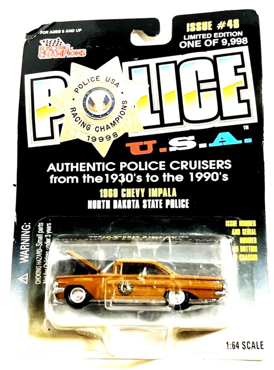 POLICE; CHEVROLET IMPALA; 1960; N.D. STATE POLICE; Racing Champions; (new in pkg) ; (have 1)