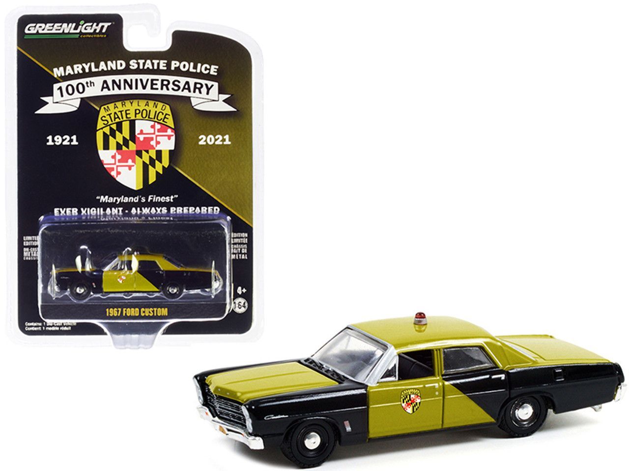 FORD CUSTOM POLICE CRUISER; 1967; MD STATE POLICE; green & black; Greenlight; (new in pkg); (have 1).