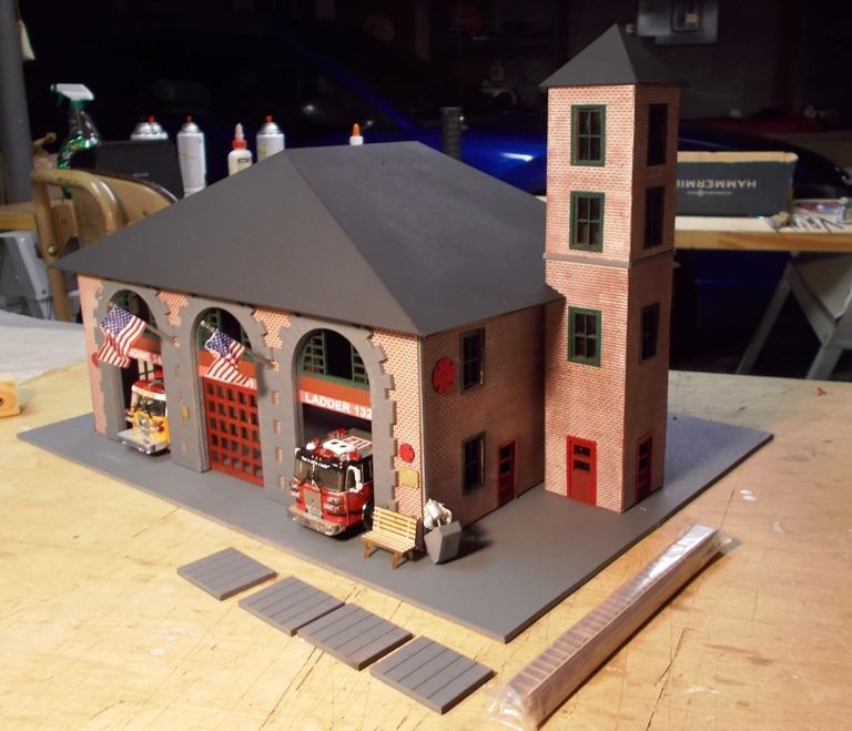 BOSTON 3-BAY FIREHOUSE & HOSE TOWER, resin & wood