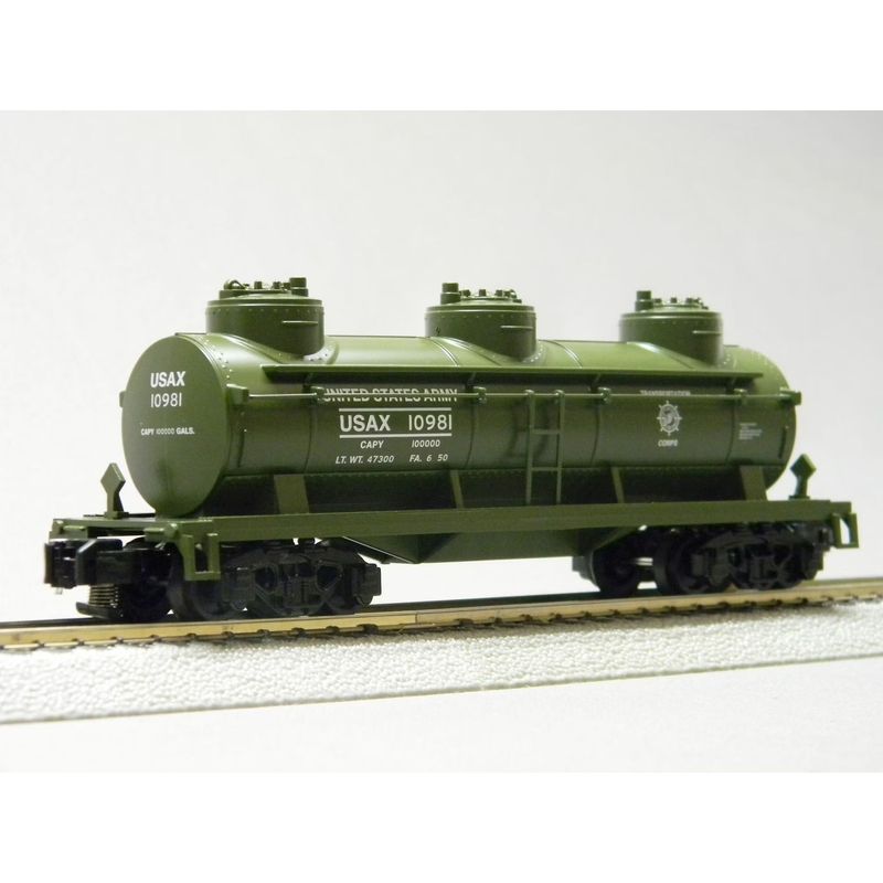 2219200  TANK CAR, 3-dome;  #10981;  US ARMY ; Army-green; KC; NIB; (have 1).