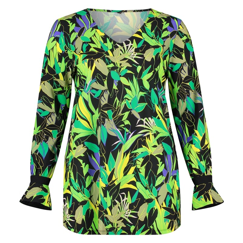 Plus Basics Ruche top ls, funky flowers