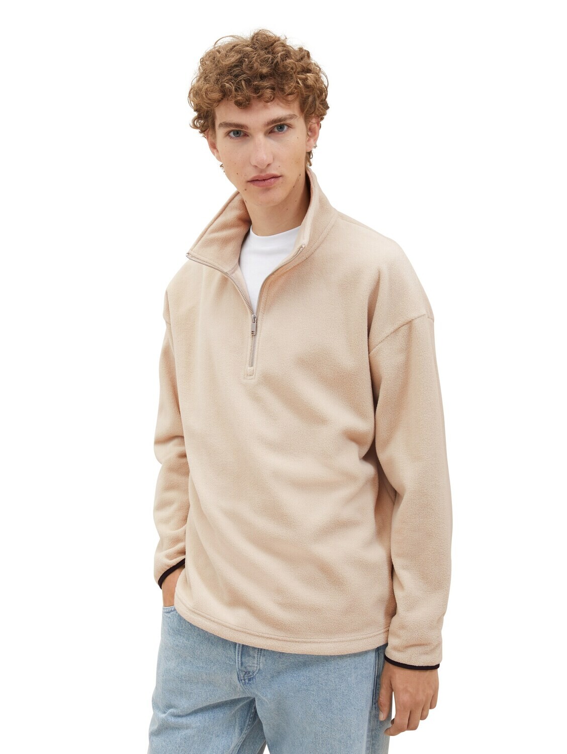 Tom Tailor Fleece Troyer, Silver Ecru