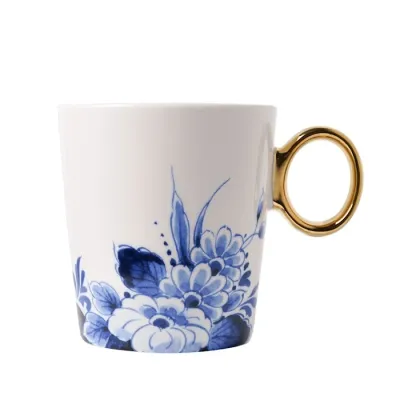 Heinen Mok bloemenrand goud, delfts blauw
