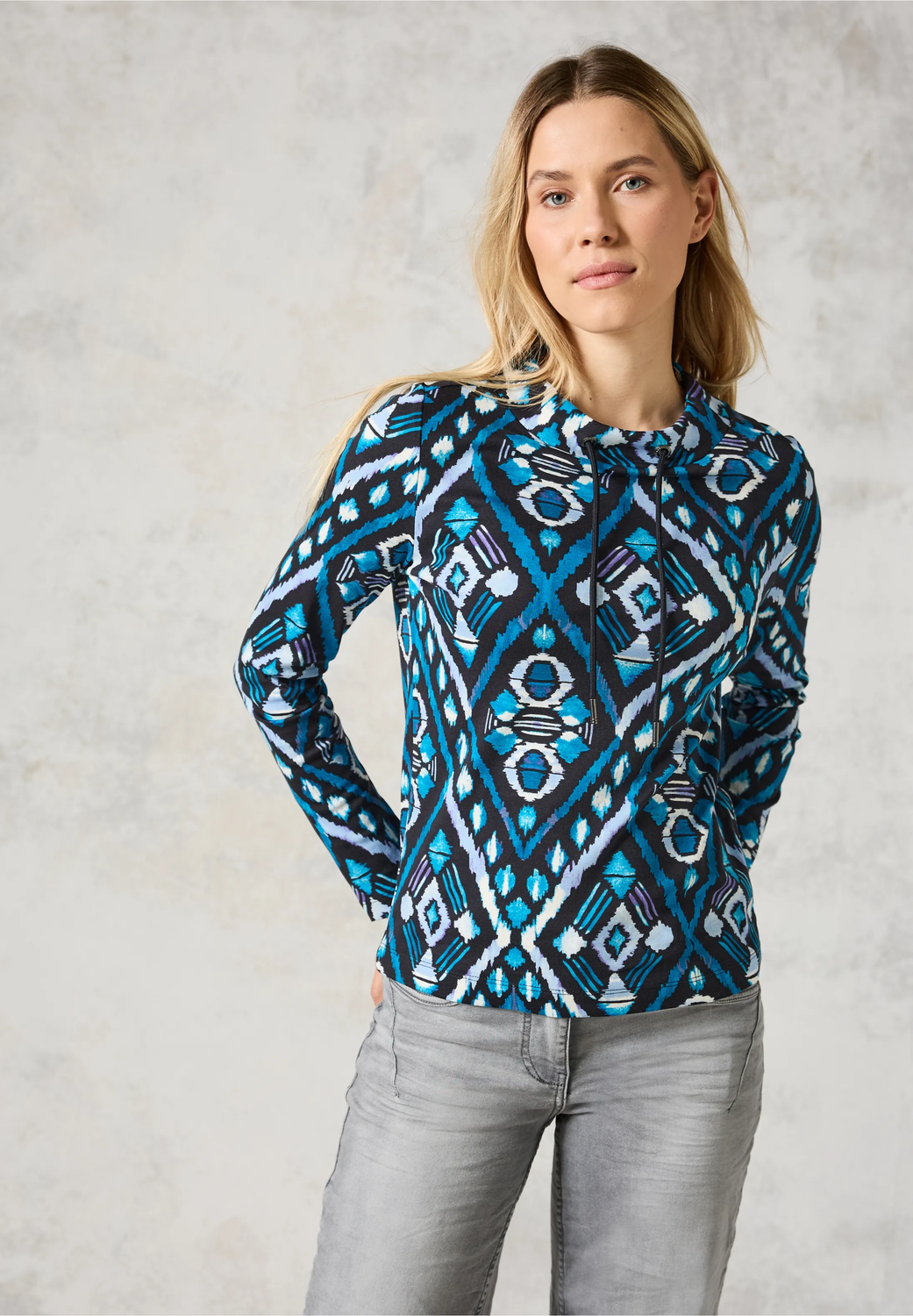 Cecil Printed Funnel Neck Shirt, deep charcoal grey